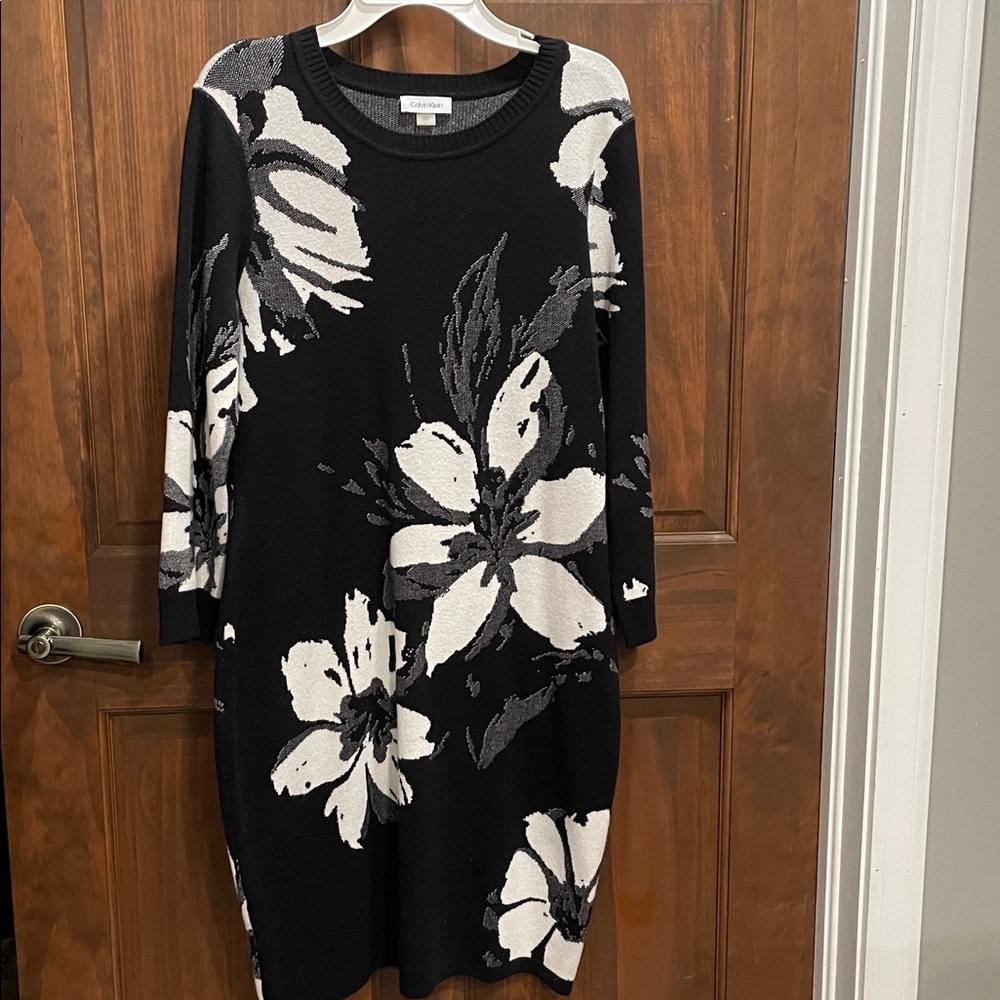 Calvin Klein Black and Gray Knit Sweater Dress